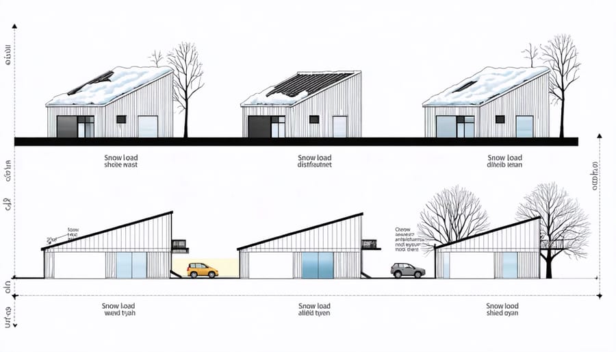 Technical illustration of snow weight distribution on gable, lean-to, and flat shed roofs