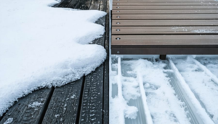 A split-screen depiction of a winter deck with hazardous snow and ice on one side and a clear, dry surface on the other, illustrating the effectiveness of a snow melt system.
