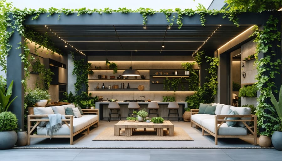 Pergola structure with integrated sound management features and vegetation