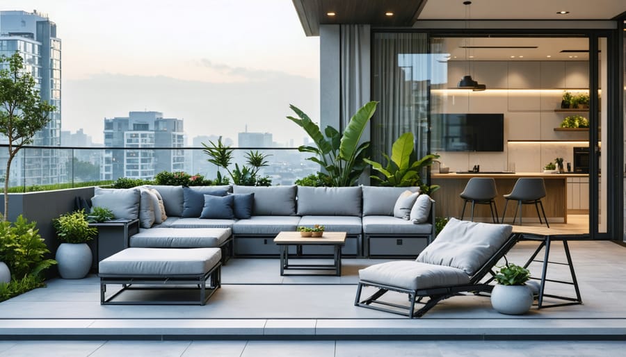 An urban balcony featuring modern collapsible outdoor furniture, including a folding table and modular bench with hidden storage, set against a city skyline backdrop.