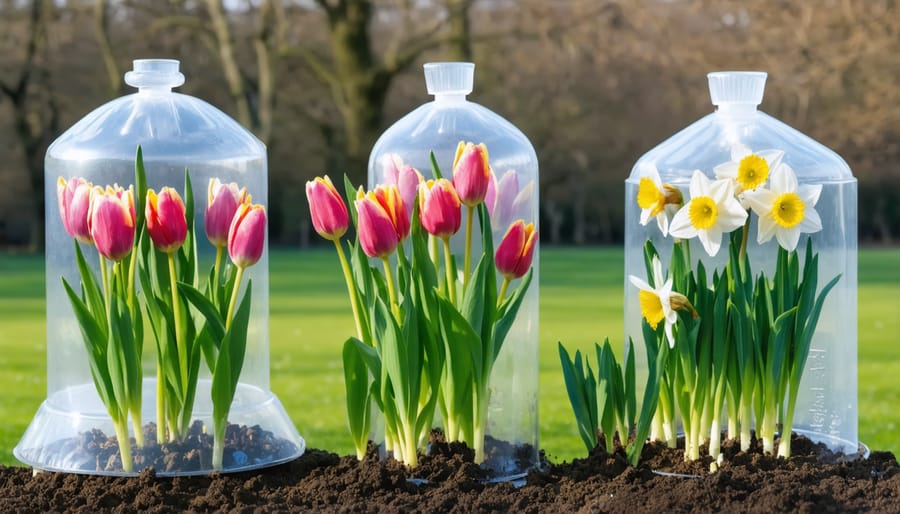 Spring flowers covered with protective cloches to prevent frost damage