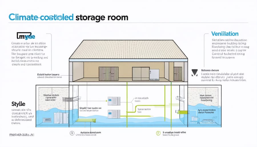 Cross-section diagram of a climate-controlled storage room showing insulation layers and air flow patterns