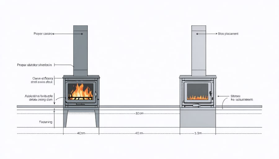Technical illustration of outdoor stove installation guidelines and clearance requirements