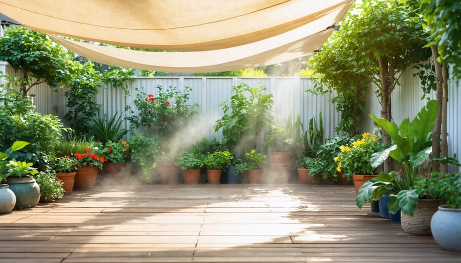 Garden containers protected from intense summer sun by shade cloth with integrated misting system