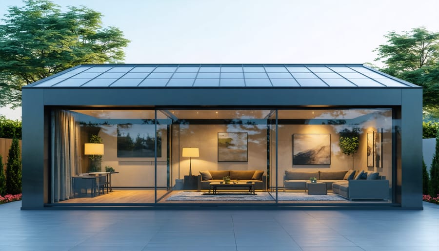 Eco-friendly lean-to shed with multiple skylights and energy-efficient windows