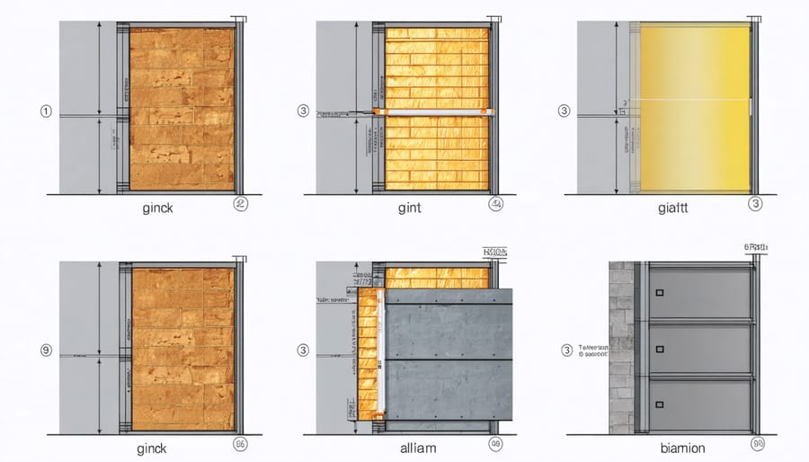 Installation sequence showing measurement, cutting, and laying of thermal barrier on concrete floor
