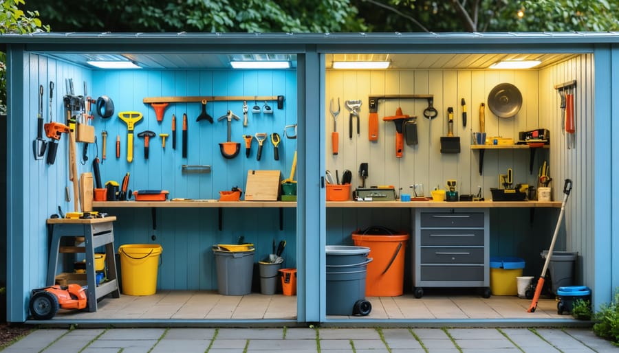 A shed interior with one side brightly illuminated by modern LED lights showcasing an organized workspace, and the other side dimly lit by an old incandescent bulb illustrating the lighting transformation.
