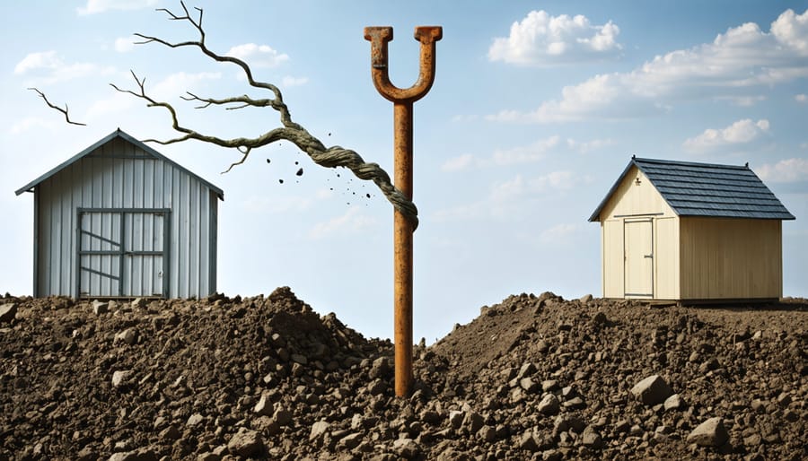 Conceptual image of a U-anchor deeply embedded in the ground, symbolizing robust shed stability against strong winds.