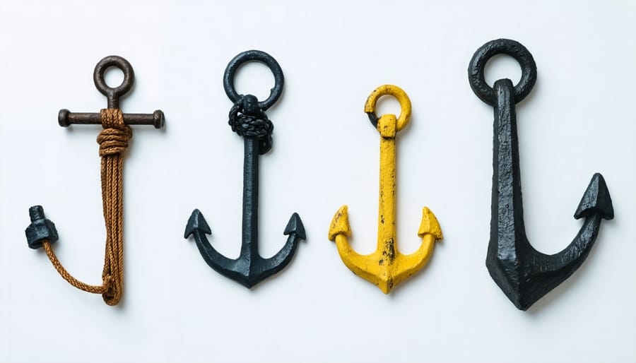 Various types of U-anchors for concrete and ground installation displayed together
