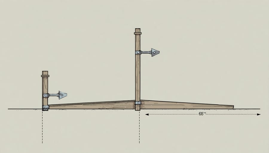 Technical illustration of U-anchors resisting wind uplift on a garden shed