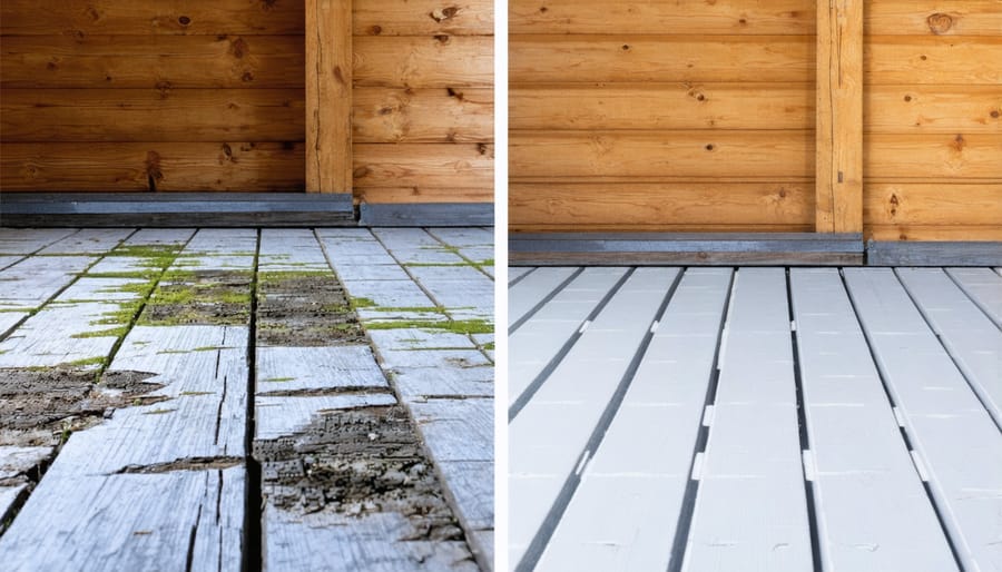 Side-by-side comparison of a faded, cracked UV-damaged shed floor next to a well-maintained protected floor
