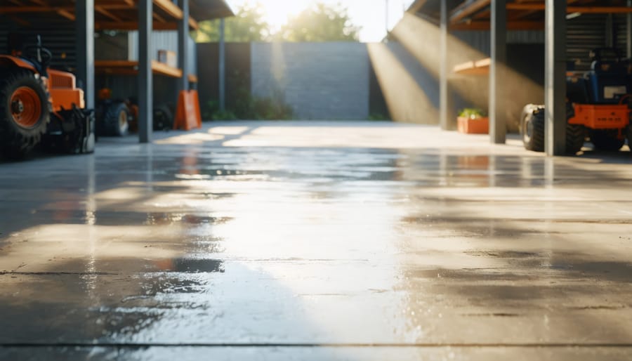 Vibrant illustration of a shed floor with a visible protective barrier against sunlight, depicting the effectiveness of UV protection treatments for various flooring materials such as wood and concrete.
