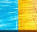 Illustration of an outdoor epoxy table, partly sun-damaged with yellowing and cracks, and the other half protected and clear, demonstrating effective UV protection.