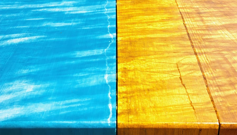 Illustration of an outdoor epoxy table, partly sun-damaged with yellowing and cracks, and the other half protected and clear, demonstrating effective UV protection.