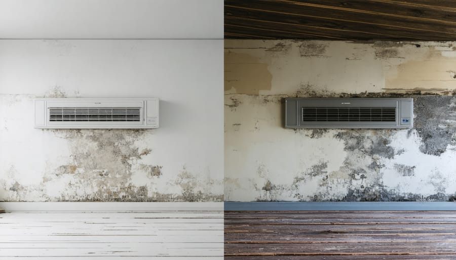 Side-by-side images comparing healthy stored wood with wood showing signs of moisture damage and mold growth