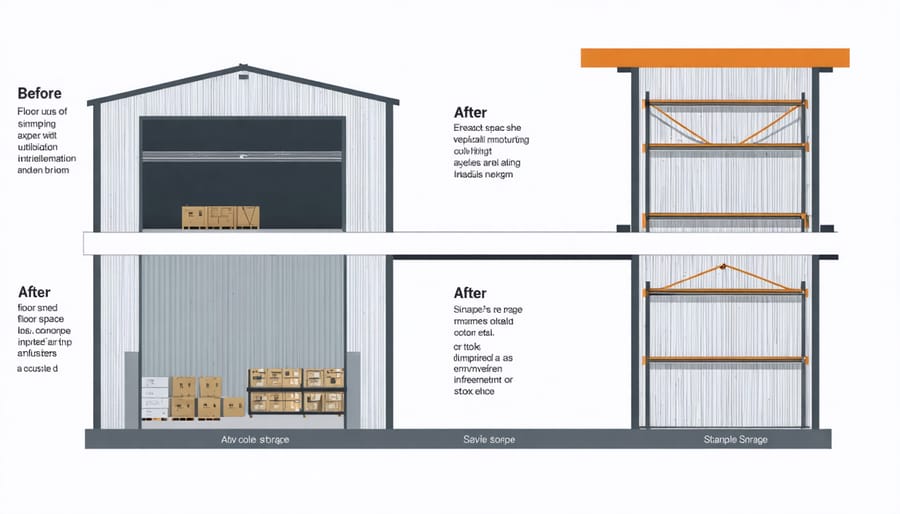 Split-view comparison diagram showing a cluttered shed floor versus organized vertical storage system
