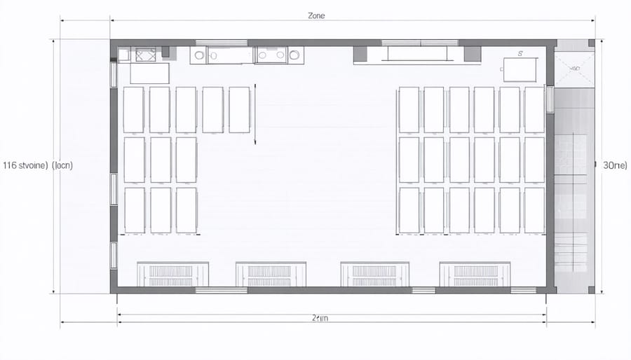 Top-down view of shed layout plan with marked zones for different storage types and measurements