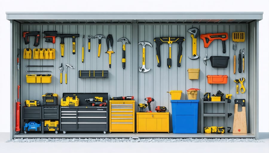 Well-organized outdoor storage system demonstrating vertical storage techniques and proper item placement