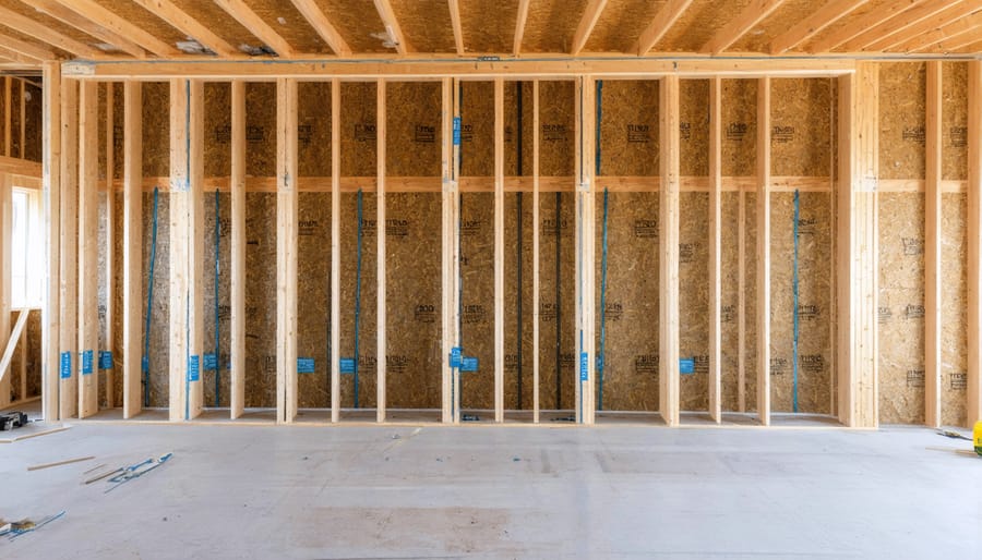 Detailed view of shed wall frame construction with labeled components