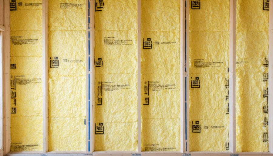 Detail of insulation material being installed between wooden studs with vapor barrier visible