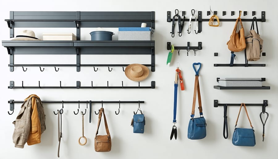 Wall-mounted storage system displaying multiple tool organization options and shelving solutions