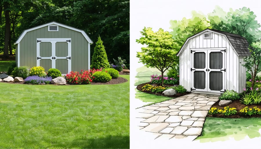 Side-by-side comparison of transformed shed landscaping with water-smart features
