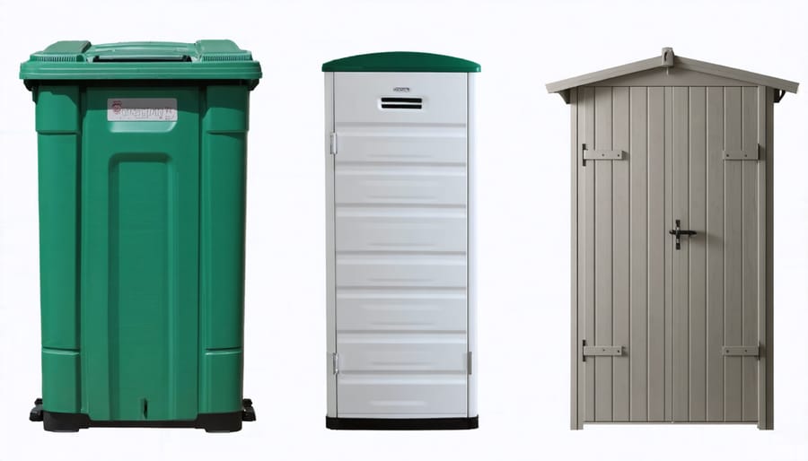 Three different weatherproof storage solutions made from plastic, treated wood, and powder-coated metal