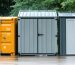 A visually striking graphic depicting heavy-duty plastic, treated wood, and powder-coated metal outdoor storage solutions, each resilient against sun, rain, and wind within a picturesque outdoor workspace.