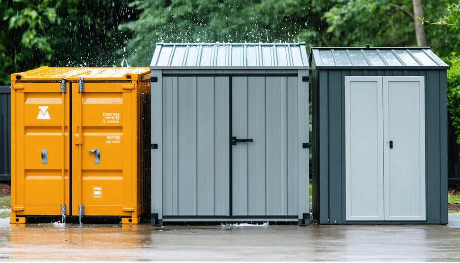 A visually striking graphic depicting heavy-duty plastic, treated wood, and powder-coated metal outdoor storage solutions, each resilient against sun, rain, and wind within a picturesque outdoor workspace.
