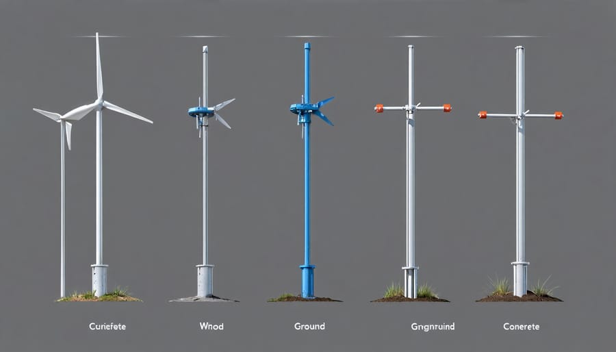 Various types of shed wind anchors displayed with labels showing their specific uses