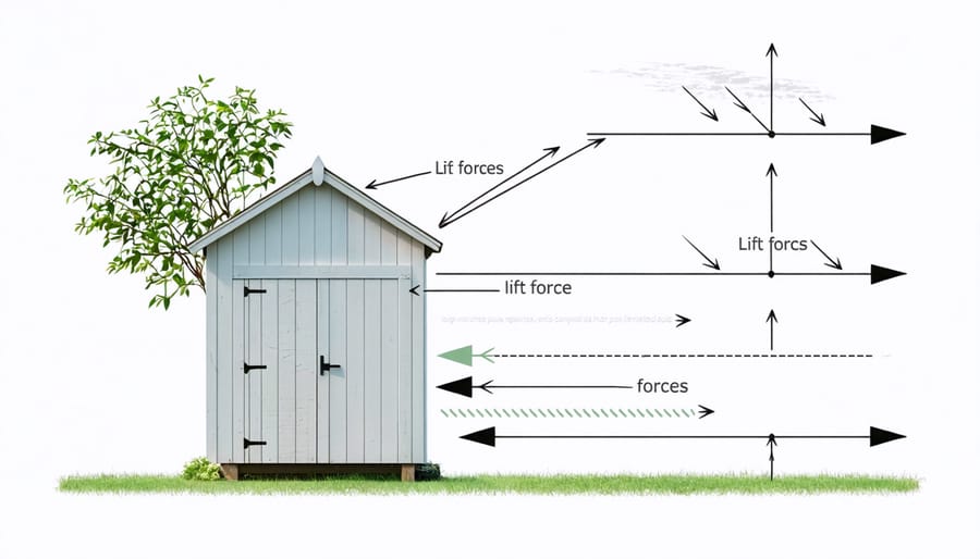 Technical illustration of wind forces affecting a garden shed structure