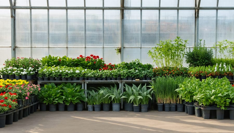 Organized greenhouse storage showing different zones for winter plant protection