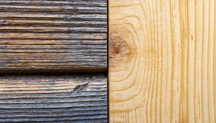 Comparison showing decay and insect damage in regular wood next to pristine heat-treated wood