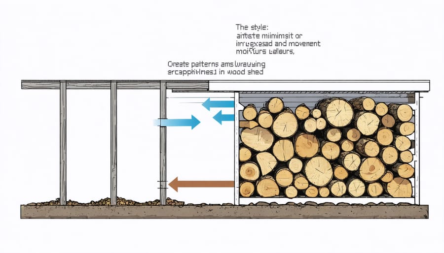 Illustrated diagram showing how air circulates through a wood shed, with arrows indicating airflow patterns
