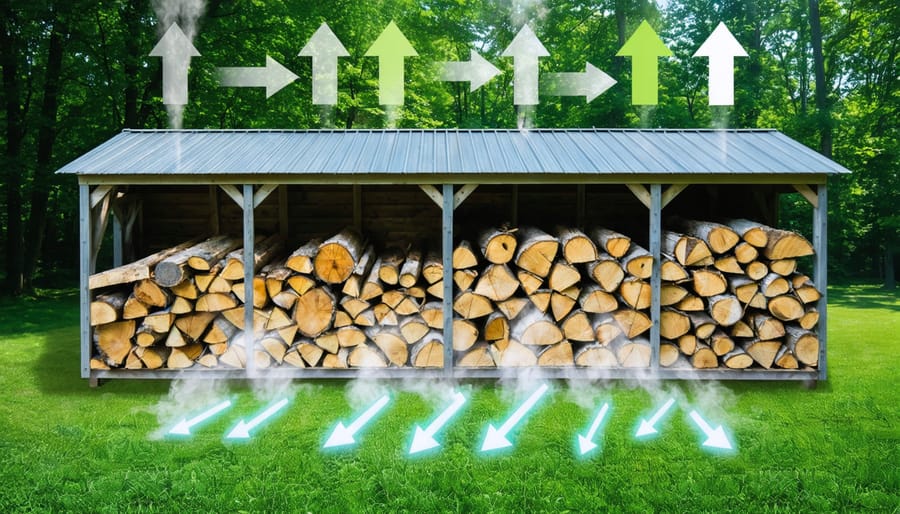 A conceptual illustration of a wood shed with arrows depicting effective ventilation, showing airflow from the ground level rising to the roof, set against a green landscape backdrop.