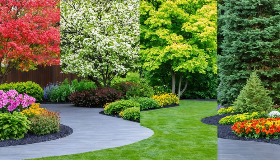 A garden depicted in different seasons, featuring colorful spring blooms, lush summer greenery, autumn leaves, and winter evergreens, alongside elements like garden sheds and mulch, illustrating continuous plant care.