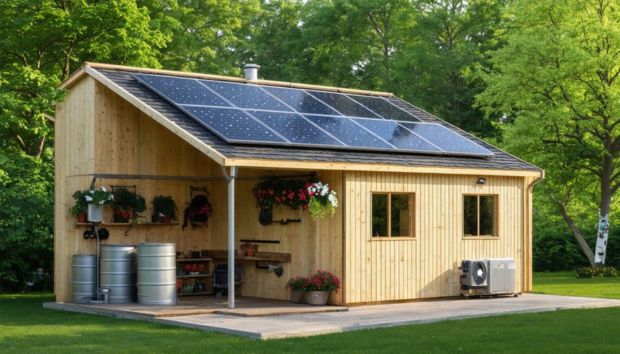 An eco-friendly shed with solar panels, large windows for natural light, and a rainwater collection system, symbolizing sustainable and energy-efficient design in a lush green setting.