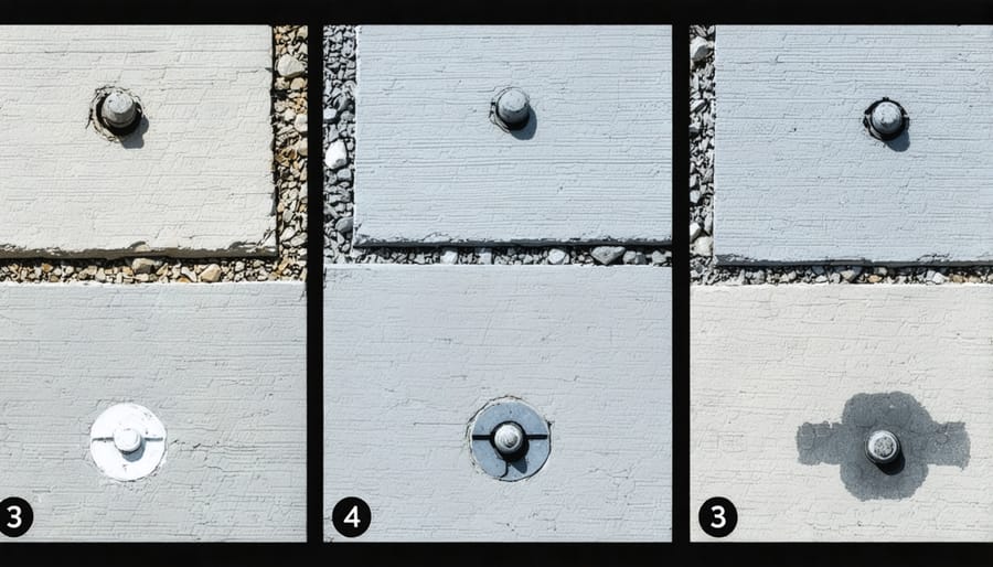 Four-panel image demonstrating concrete anchor installation steps from drilling to final tightening