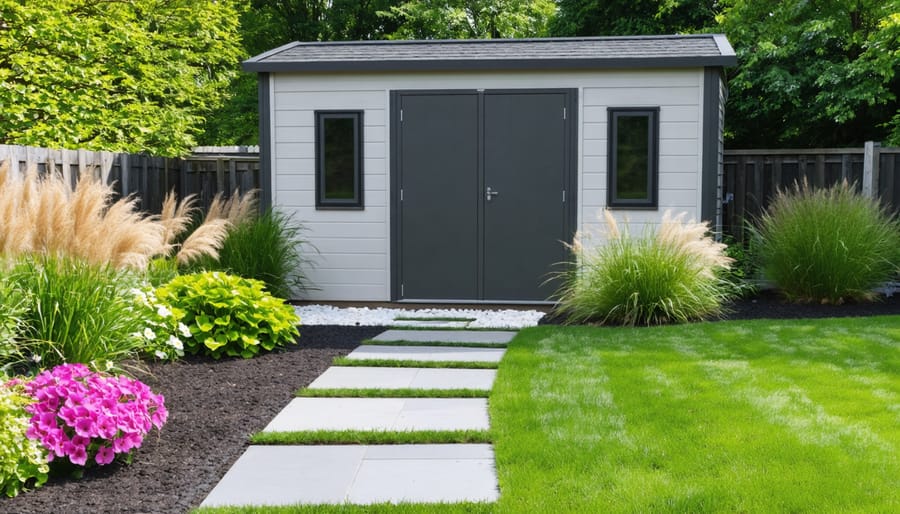 Stylish backyard storage shed with contemporary architecture, surrounded by vibrant landscaping including ornamental grasses and flowering shrubs, with an inviting stone pathway.