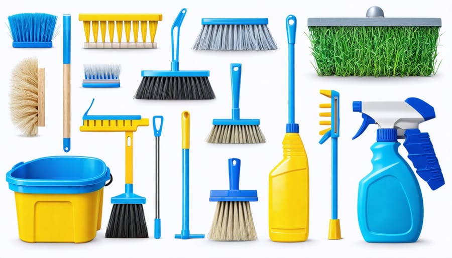 Organized display of basic shed cleaning supplies and tools