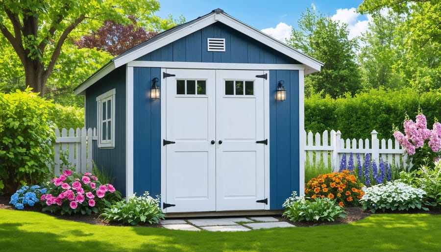 A picturesque shed painted with zero VOC paint, surrounded by blooming flowers and greenery, representing a clean and eco-conscious outdoor space.