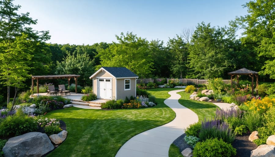 Aerial view of a one-acre property with expertly integrated garden shed, featuring flowing pathways, diverse plantings, and outdoor focal points such as pergolas and a water feature, illustrating a cohesive landscape design.