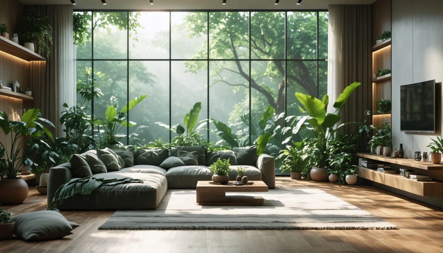 Modern living space incorporating biophilic design elements with natural light and greenery