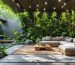 Outdoor living space designed with biophilic elements including abundant greenery, a living wall, natural wood and stone textures, and a tranquil water feature under sunlight.