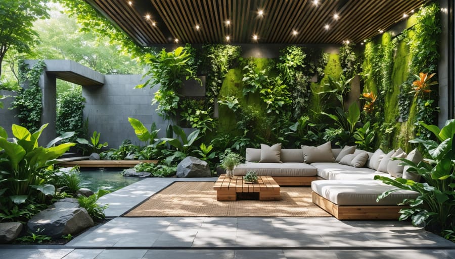 Outdoor living space designed with biophilic elements including abundant greenery, a living wall, natural wood and stone textures, and a tranquil water feature under sunlight.