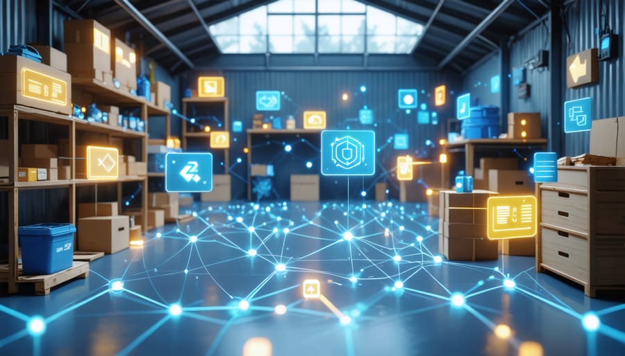 Digital inventory system showing stored items connected via blockchain network