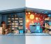 Creative 3D rendering showing a split-screen of a traditional chaotic storage shed alongside a modern, digitally organized smart shed with blockchain connections.