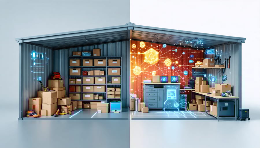 Creative 3D rendering showing a split-screen of a traditional chaotic storage shed alongside a modern, digitally organized smart shed with blockchain connections.