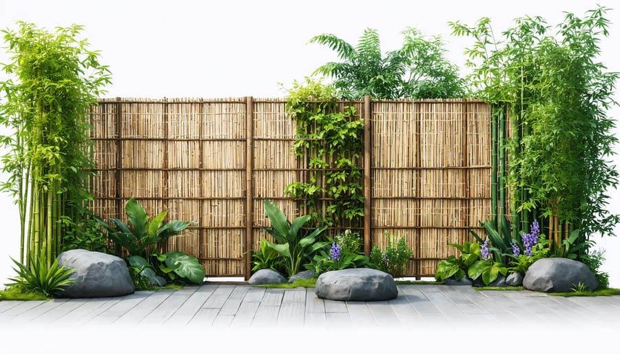 A backyard featuring a 6-foot privacy screen constructed from various cost-effective materials, including bamboo rolls, reed fencing, and lattice panels, providing both privacy and aesthetic appeal.