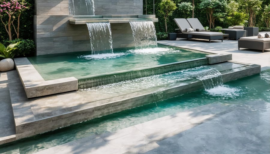 Multi-level cascading water feature with flowing water creating a peaceful atmosphere
